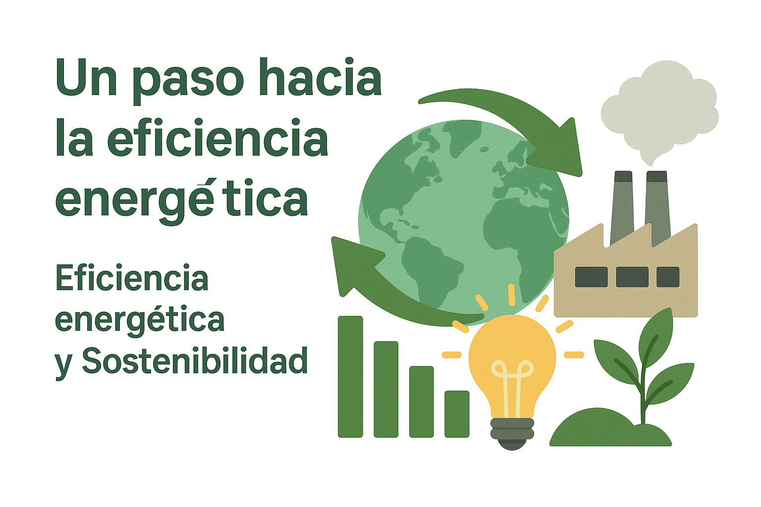 Ilustración de un edificio empresarial con hojas verdes y un planeta que simboliza la eficiencia energética y la sostenibilidad.