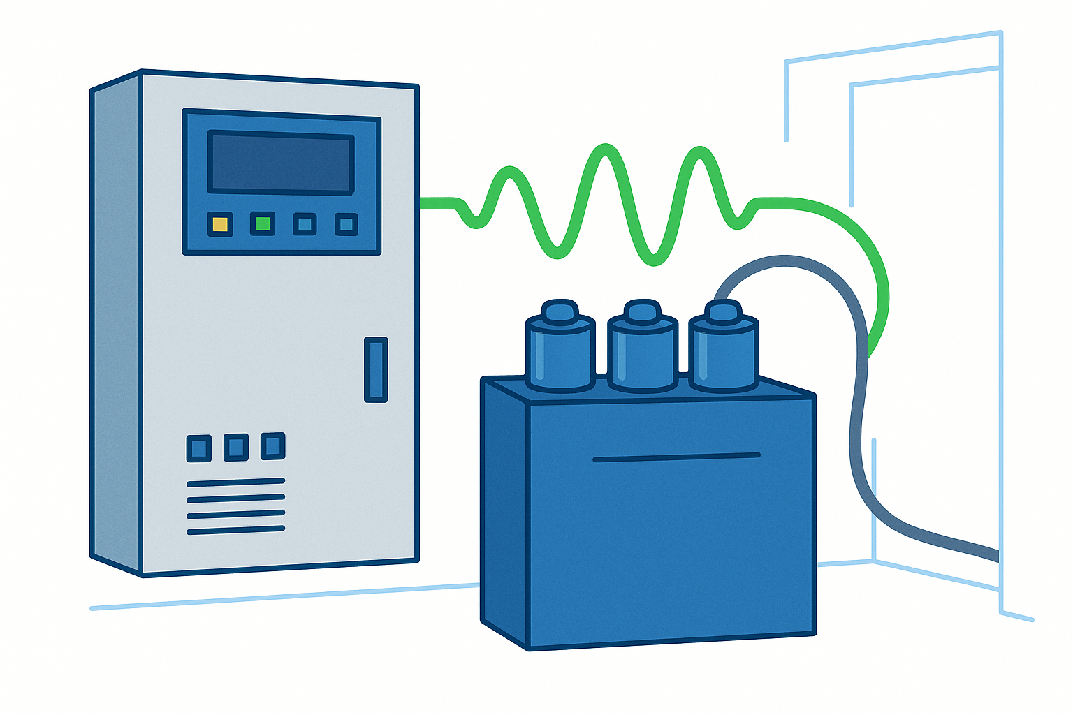 Ilustración de una batería de condensadores conectada a un cuadro eléctrico que compensa la energía reactiva.
