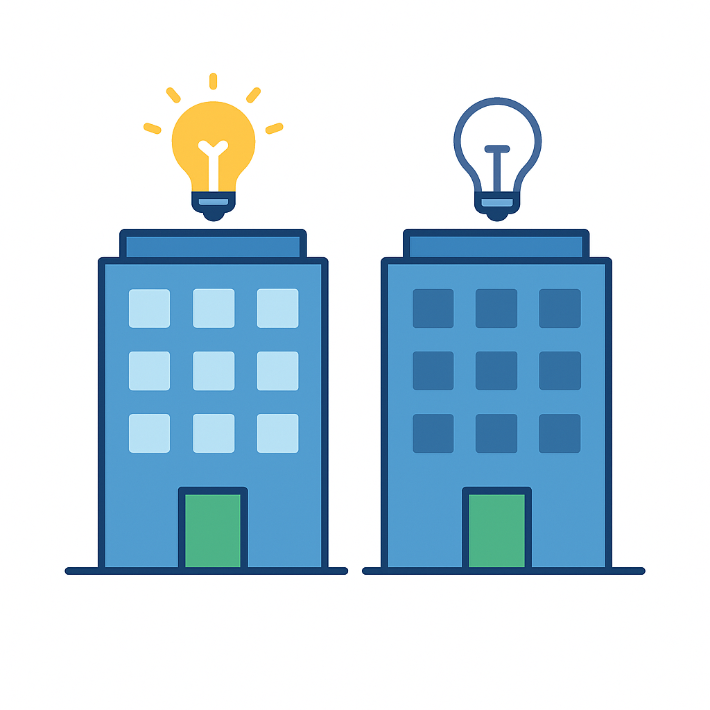 Ilustración plana con dos edificios empresariales similares, uno con bombilla brillante y otro más tenue, mostrando la diferencia de costes energéticos entre compañías. comparar precios de electricidad y gas