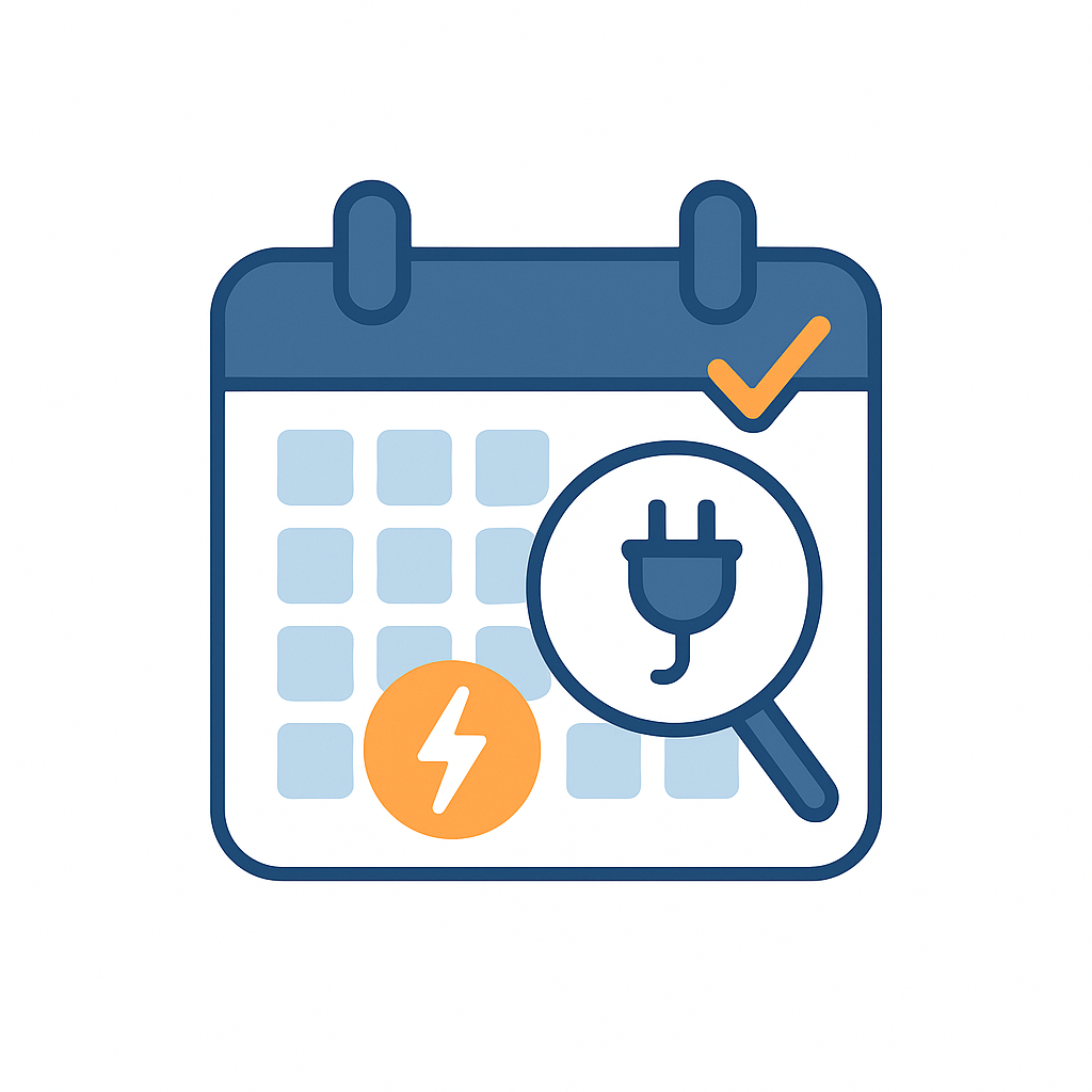 Ilustración plana de un calendario con un día señalado y un icono de rayo, que representa la revisión anual de tarifas eléctricas en empresas. comparar precios de electricidad y gas
