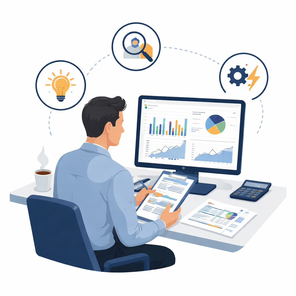 asesor energético analizando datos de consumo y costes energéticos para mejorar la eficiencia energética de una empresa