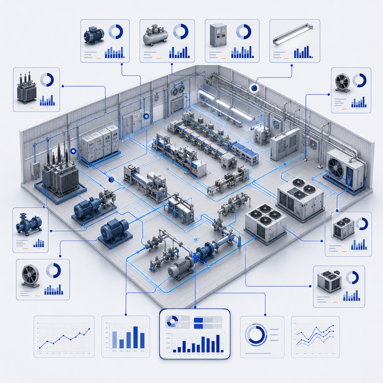 Vista isométrica de una planta industrial con motores, climatización, iluminación y otros equipos conectados mediante un mapa de flujos energéticos.