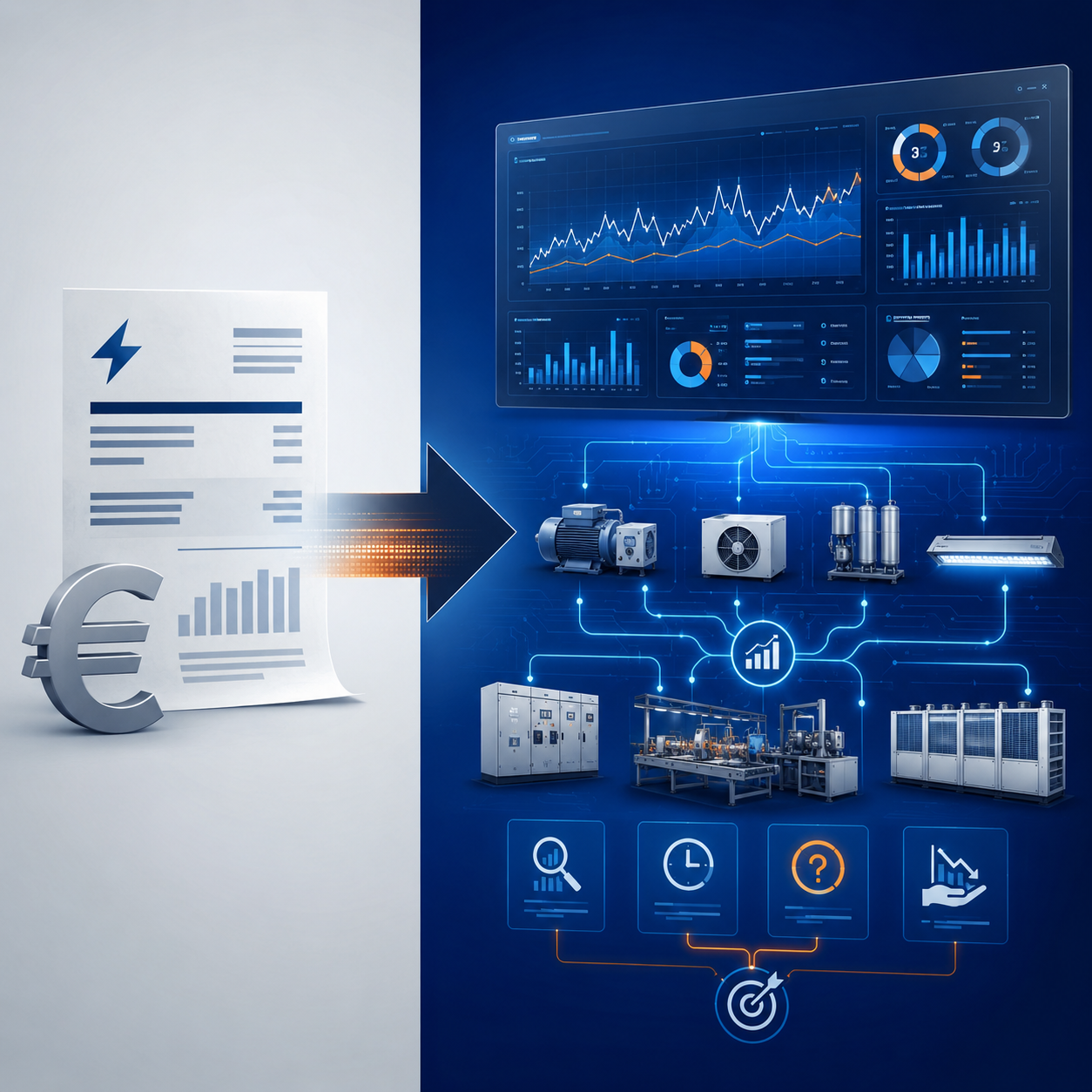 Comparativa ilustrada entre una factura eléctrica y una auditoría energética industrial basada en el análisis de consumos, KPIs y procesos productivos.
